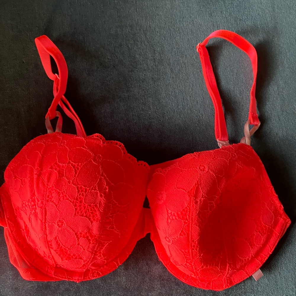 Victoria's Secret‎ 38B neon orange Lace Demi Bra lightly lined mesh wings